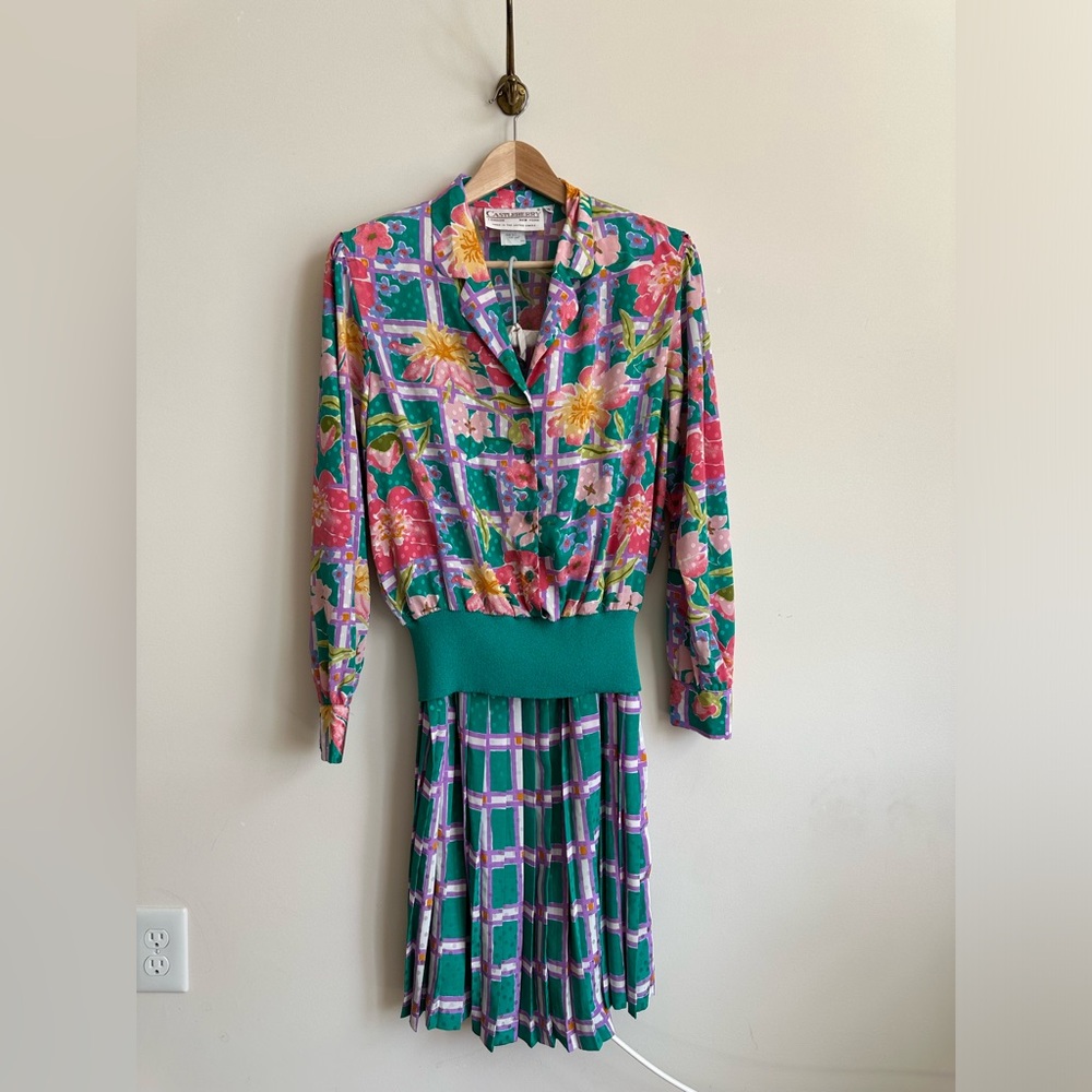Vintage Castleberry pleated midi-skirt blouse set-  14